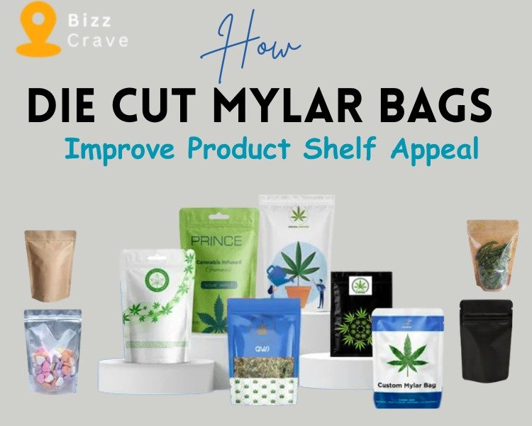 Stylish die cut Mylar bags showcasing products on a retail shelf to enhance visibility and branding.