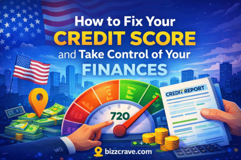 720 credit score gauge with credit report and cash – guide to fix credit score and improve finances.