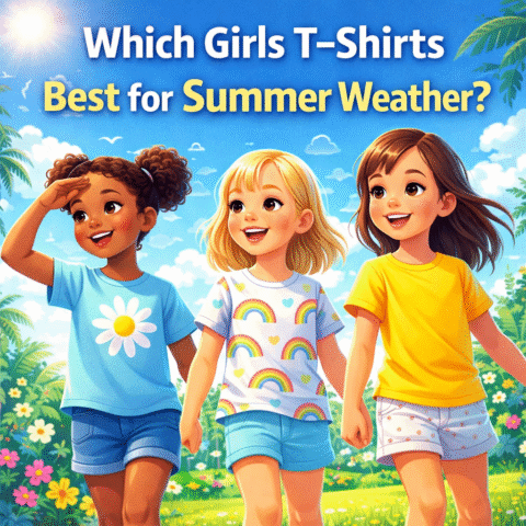 Girls wearing lightweight summer T-shirts in bright colors outdoors.