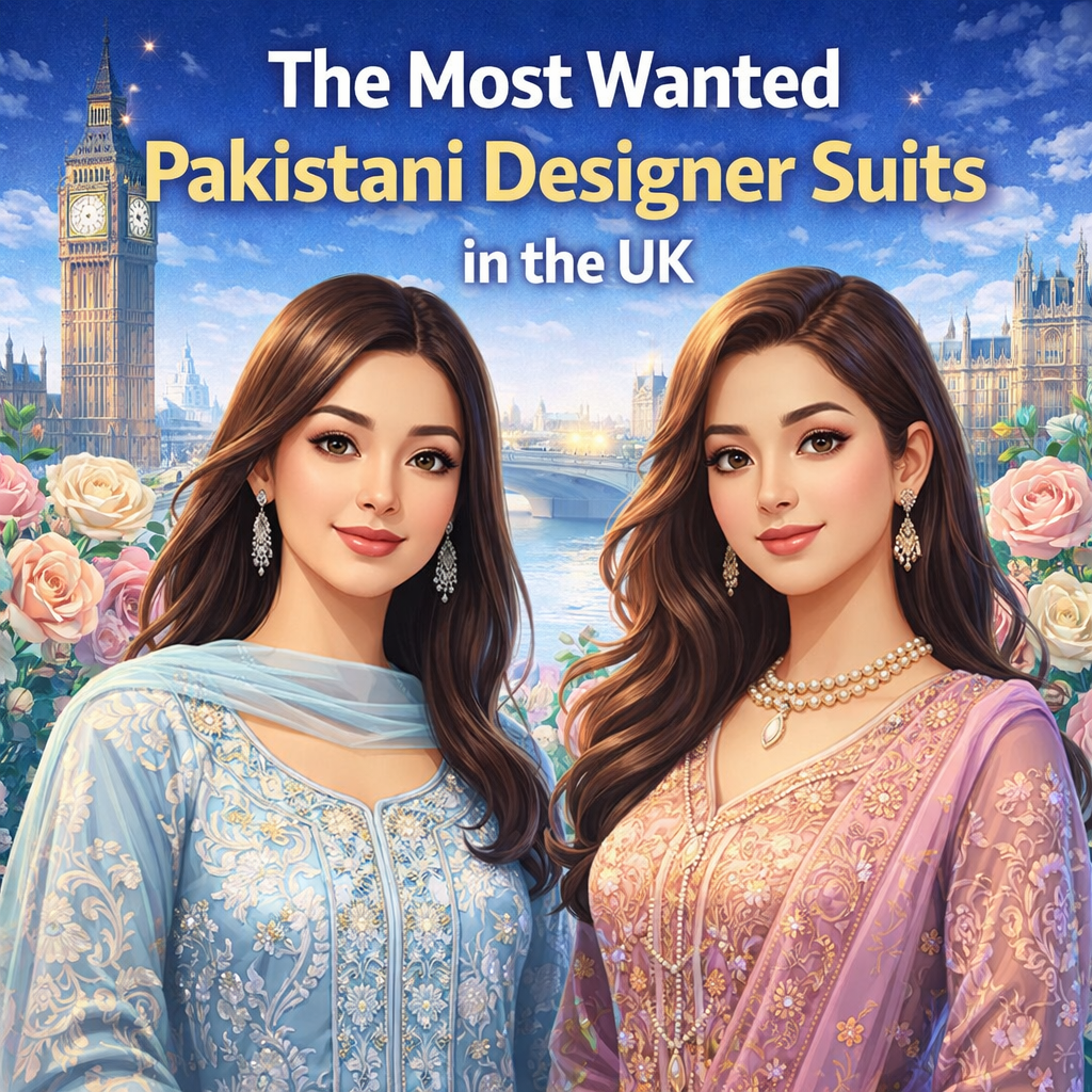 Pakistani designer suits worn by women with elegant embroidery and traditional styles in a UK setting.