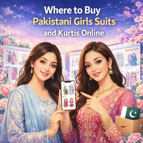 Pakistani girls suits and kurtis displayed online on a smartphone with stylish traditional outfits.