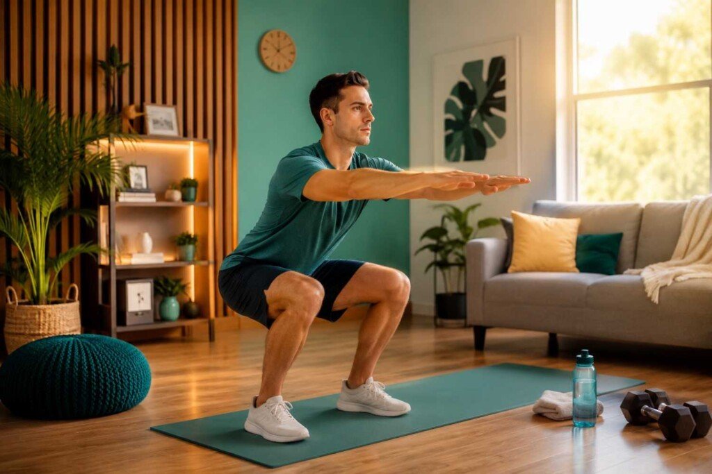 Beginner performing a bodyweight squat with correct knee-over-toe alignment at home