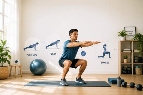 Beginner performing bodyweight squat at home
