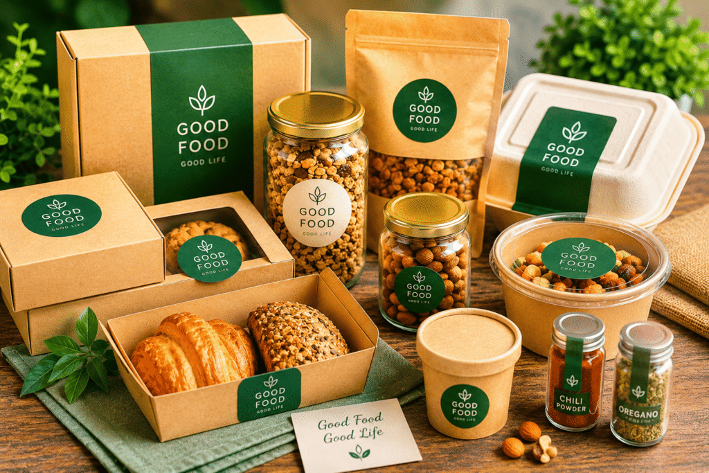 Food packaging ideas for small business success including kraft boxes, glass jars, and eco-friendly containers