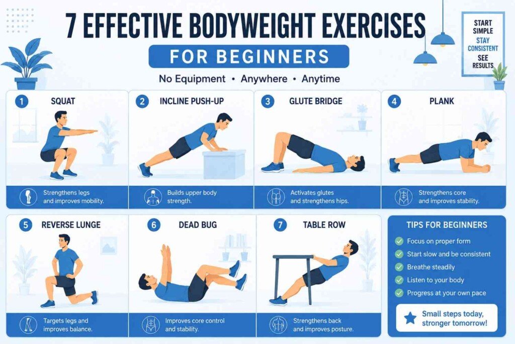 Seven essential bodyweight exercises for beginners demonstrated in sequence